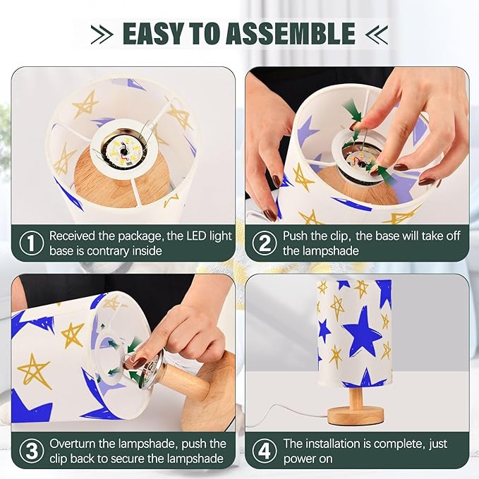 Blue Star LED Table Lamp, Bedside Lamp with Linen Lampshade, Flicker-Free Eye Care USB Plug in Nightstand Lamp, for Bedroom and Office