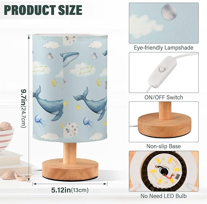 Whale LED Table Lamp, Bedside Lamp with Linen Lampshade, Flicker-Free Eye Care USB Plug in Nightstand Lamp, for Bedroom and Office