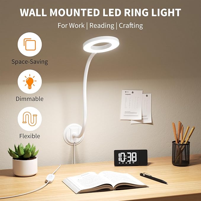 Wall Mounted Reading Light, Book Light in Bed at Night, Reading Lamp for Bedroom Bedside Headboard, Eye Care 5 Color & Brightness Adjustable, 360 Flexible Gooseneck, White