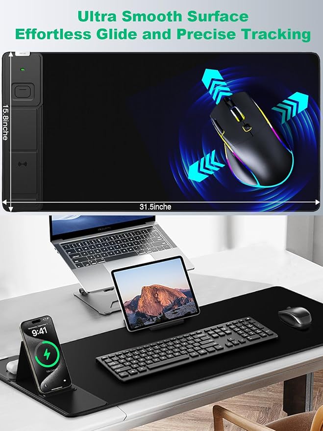 Mouse Pad with Foldable Phone Holder, Wireless Charging Desk Mat, 31.5"x15.8" Large Mousepad with Superior Micro-Weave Cloth, XXL Desk Pad with Non-Slip, Waterproof Keyboard Pad for Home & Office