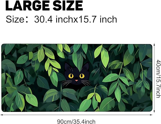 Large Mouse Pad 35.4x15.7 Inch Black Cat Hides Among The Green Leaves Gaming Desk Mat with Non-Slip Rubber Base, Stitched Edges for Gaming,Office