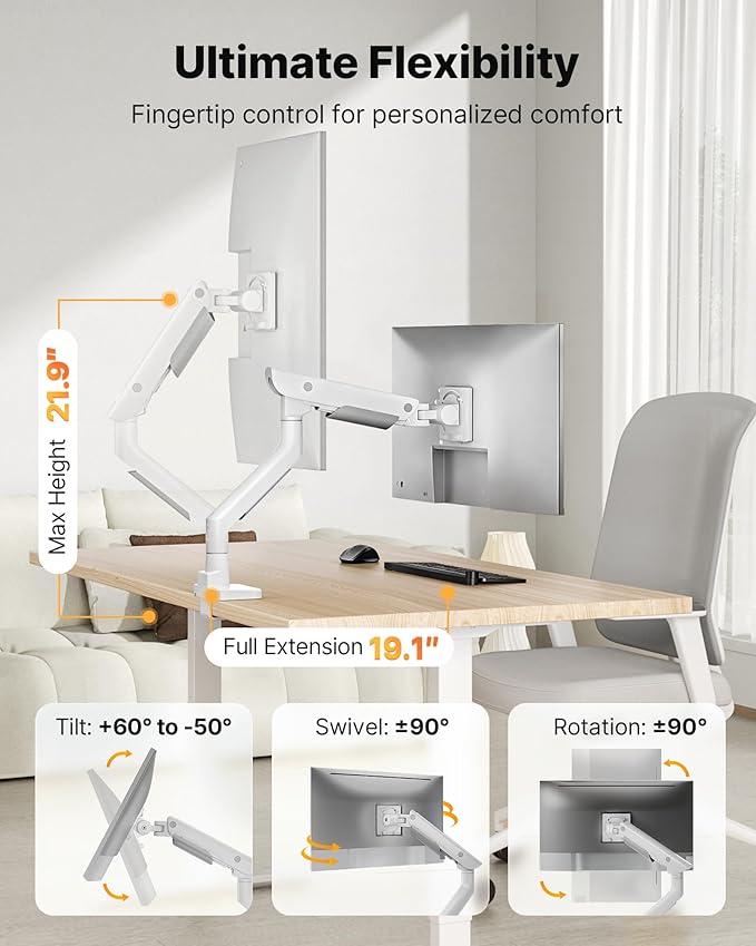 monTEK Sleek Aluminum Monitor Arm for 17–57” Ultrawide Screens up to 59.4 lbs, USB 3.0 A/C, Heavy Duty Single Monitor Arm Desk Mount, Pneumatic Lift, Quick-Release Plate, Clamp/Grommet, VESA 100x100