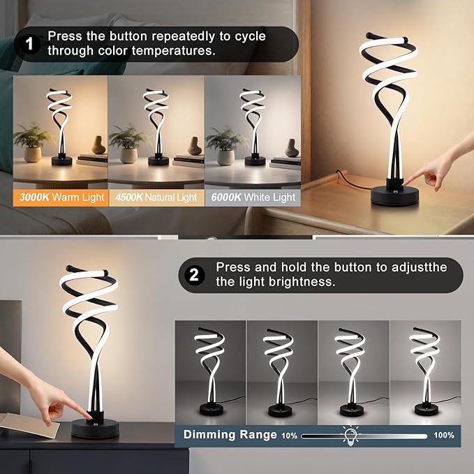 ElDISUNY Modern LED Table Lamp, 3 Color Temperatures,Touch Control Curve Dimmable Bedside Table Lamps with USB Ports, Touch Control LED Nightstand Lamp, Desk Lamp for Living Room, Bedroom -Black