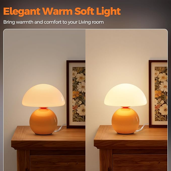 NIORSUN Mushroom Lamp,Table Lamp for Bedroom, 2700k Dimmable Desk Lamps,Small Bedside Table Lamps for Living Room Night Stands, Mushroom Decor Cute Mini Modern Mid Century Lamps Orange