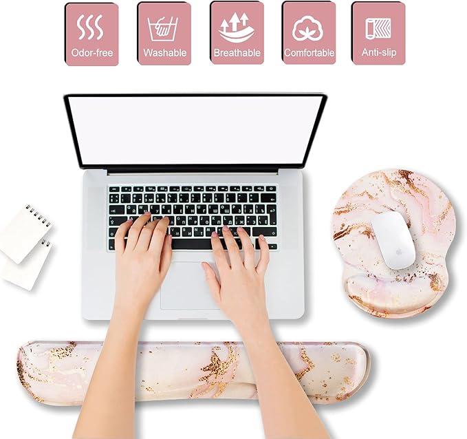 ArtSo Upgraded Wrist Rest Support for Mouse Pad & Keyboard, Ergonomic Gel Mousepad Non-Slip Rubber Base Home, Office Wrist Support & Easy Typing Cushion Neoprene Cloth & Soft Memory Foam, Pink Marble