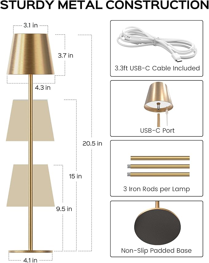 JACKYLED Cordless Table Lamps Rechargeable, 3 Adjustable Height, 5000mAh Battery Operated, 3 Colors Smooth Dimming, Portable LED Waterproof Table Lamp for Dining, Bedroom, Outdoor-Gold
