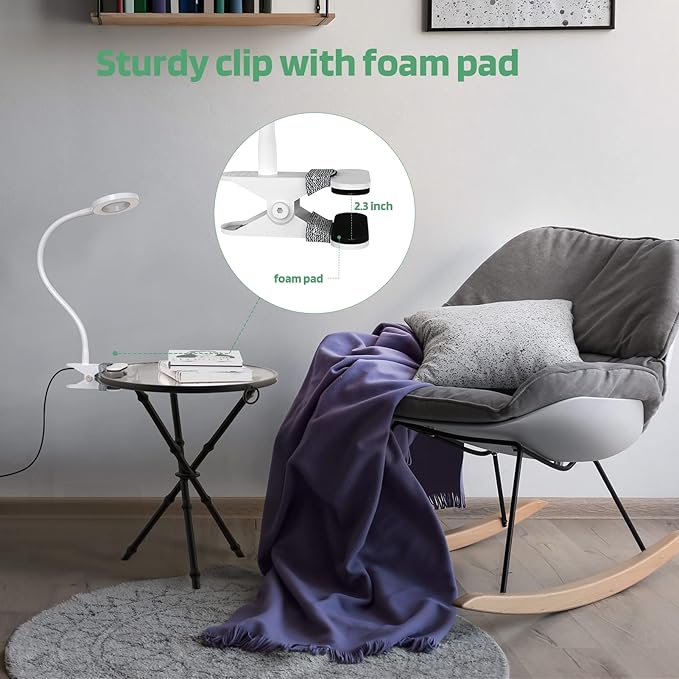 GLORIOUS-LITE LED Clip on Light, 36 LED Eye-Caring Reading Lamp for Dorm Room, 360° Flexible Gooseneck with 4 Color Modes, Dimmable Book Light for Bed, Desk, Headboard, Computer (White)