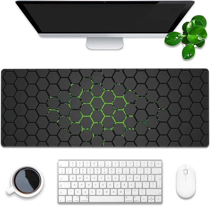 Desk Pad, Green Honeycomb Science Technology Extended Gaming Mouse Pad Large, 31.5"x11.8" Big Mouse Pad with Non-Slip Base and Stitched Edge, Long Computer Keyboard Mouse Mat for Home Office Work
