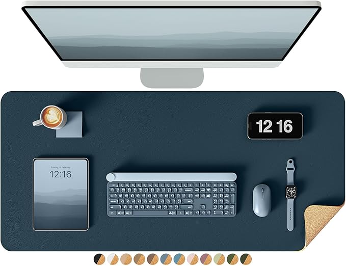 YSAGi Double-Sided Desk Pad, 31.5"x15.7"Leather Desk Mat, Eco Cork Desk Pad Protector,Large Mouse Pad,Waterproof Desk Blotter for Office/Home(Dark Blue)