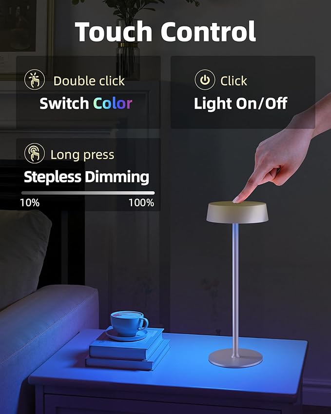Cordless Lamp, RGB, Outdoor Waterproof, Dimmable Touch Control 3 Color Temperature, Battery Operated Portable, LED Memory Function, Rechargeable Table Lamp, Desk Lamp, Patio Dinning Restaurant Kitchen