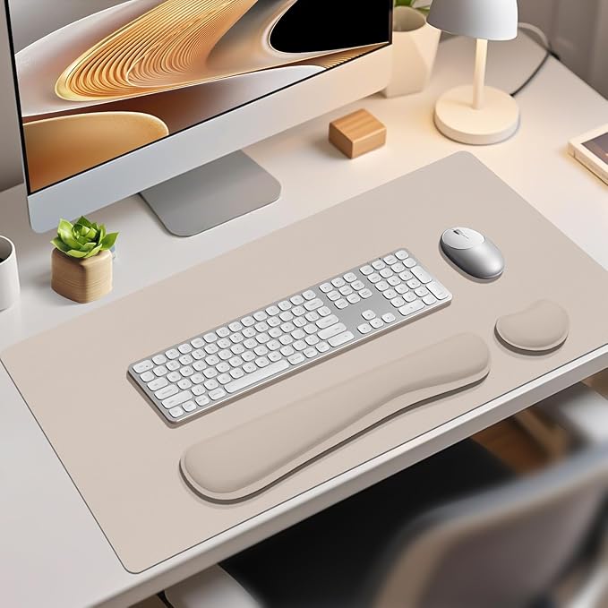 Mouse Pad and Keyboard Wrist Rest, Large Keyboard and Mouse Pad Set, Ergonomic Mousepad with Wrist Rest, Non-Slip Desk Mat Protector for Office, Home (35.4×15.7 Inches, Cream Pink)