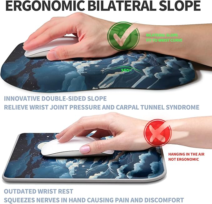 Ergonomic Raised Mouse Pad Wrist Support with Bilateral Slope Memory Foam Mousepad for Wrist Rest and Carpal Tunnel 11.8x7.9〃Indigo Fury Wave