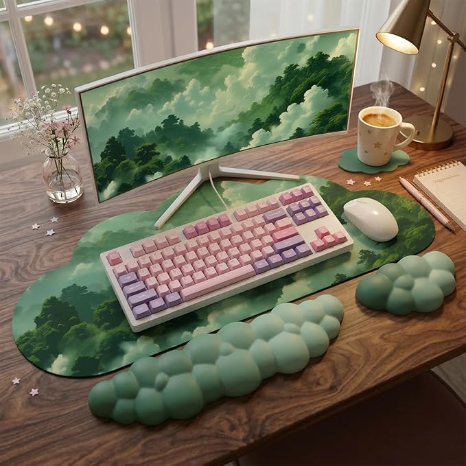 Cloud Mouse Pad Keyboard Wrist Rest for Mouse 4PCS Extended Large Desk Mat Pad Set Memory Foam Non-Slip Cute Ergonomic Gaming Mouse Wrist Support for Computer Home Office Mountain Forest Green