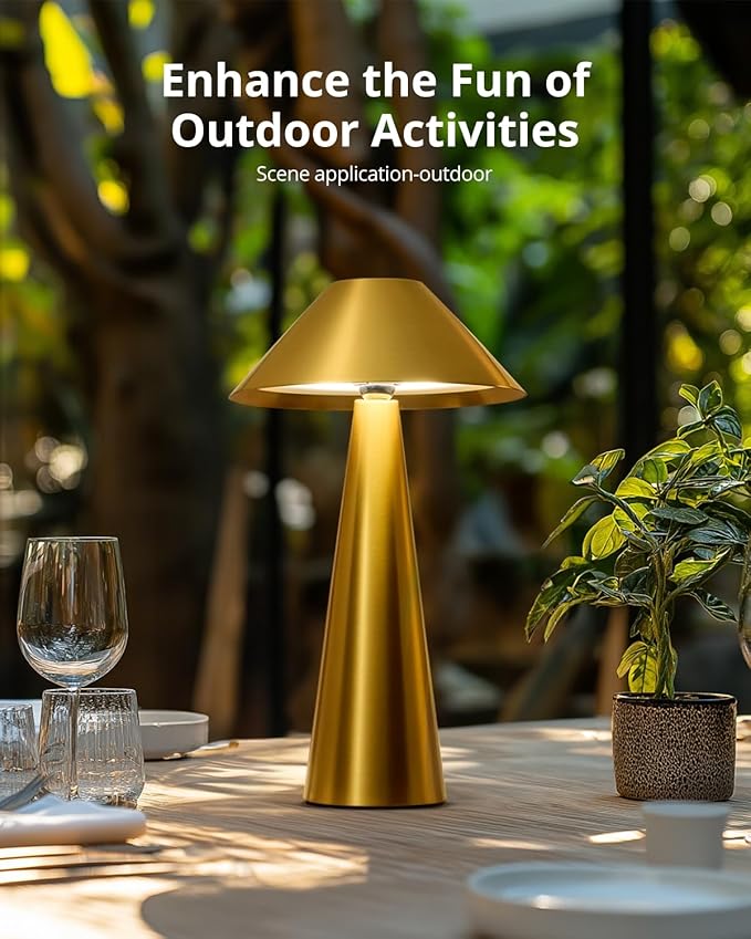 Bojim Rechargeable Cordless Table Lamp, Gold LED Battery Operated Wireless Table Lights, Touch for 3 Color Dimmable, IP54 Waterproof for Restaurant, Dining, Outdoor, Patio, Outside