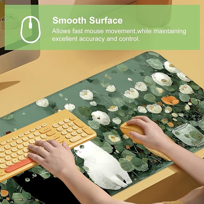 Desk Mat, XXL Extended Gaming Pad for Desktop, 31x12 Inches Floral Cats with Three Kittens, Large Non-Slip Vegan Leather Keyboard Mouse Mat for Home Office