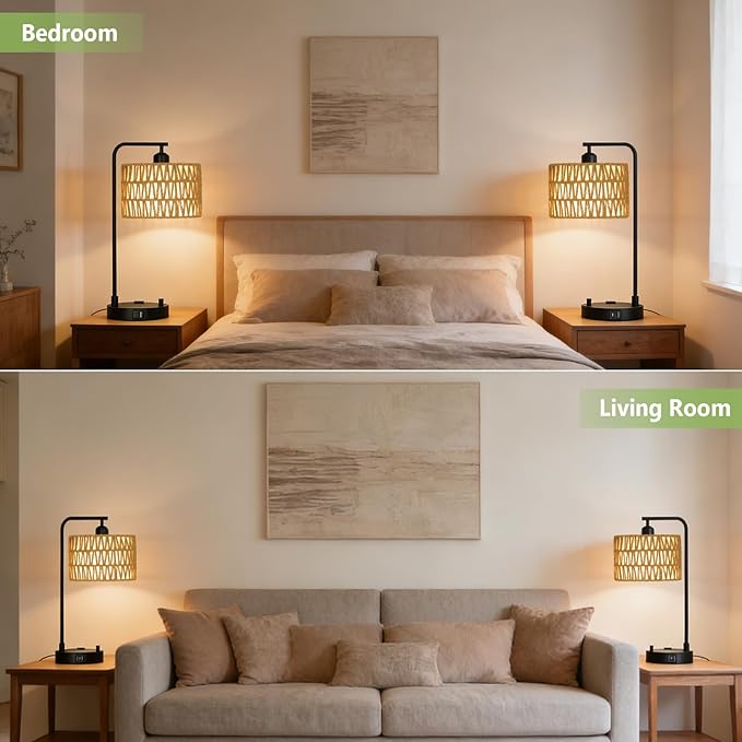 Dimmable Rattan Lamp Set of 2 with Bulbs, Boho Table Lamps with USB Charging Ports and Outlet, Wicker Bedside Lamps for Bedroom Living Room Side Table, Tall Desk Lamp for Bohemian Home Office