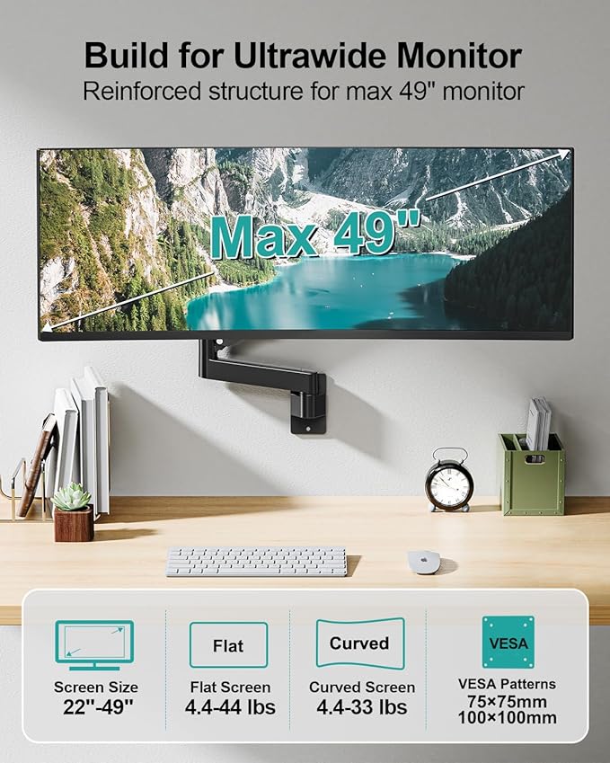 MOUNT PRO Monitor Wall Mount for 22"-49" Ultrawide Flat & Curved Screens, Heavy Duty Single Wall Mount Monitor Arm Holds up to 44 lbs, Full Motion Adjustable Wall Bracket, VESA Mount 75x75mm/100x100mm