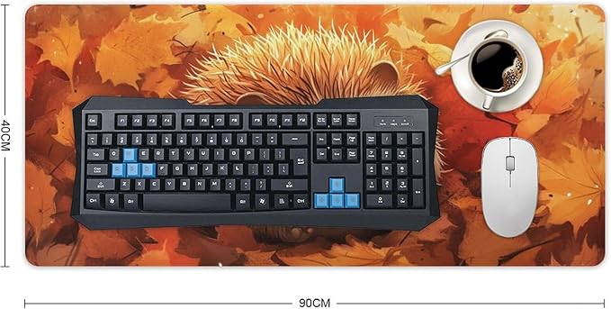 Large Ergonomic Gaming Mouse Pad Cozy Hedgehog in Autumn Leaves - Cute Forest Animal Theme with Non-Slip Base Water-Resistant Surface and Stitched Edges 40x90cm