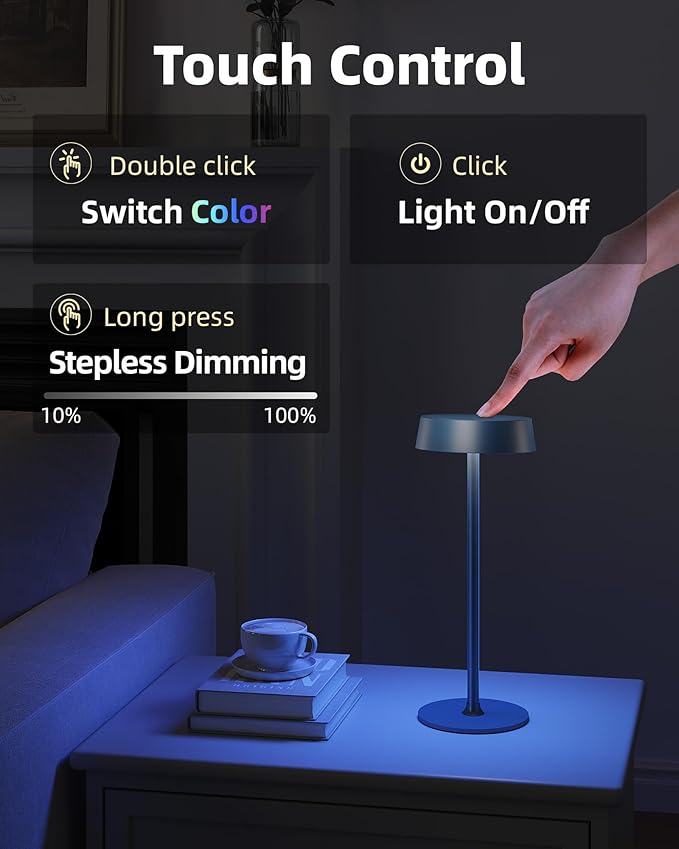 Cordless Lamp, RGB, Outdoor Waterproof, Dimmable Touch Control 3 Color Temperature, Battery Operated Portable, LED Memory Function, Rechargeable Table Lamp, Patio Dinning Restaurant Kitchen 1Pack Blue