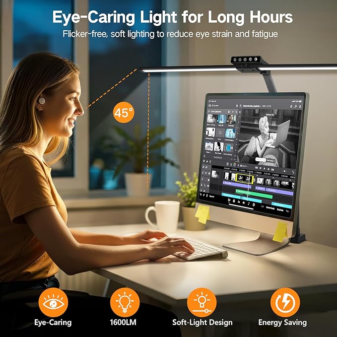 OUTON 29.5" LED Desk Lamp with Clamp for Home Office, 24W Eye-Caring Architect Desk Lamp for Dual Monitors, USB-C & USB-A Ports, Remote & Touch Control, 5 Color Temperatures, Stepless Dimming