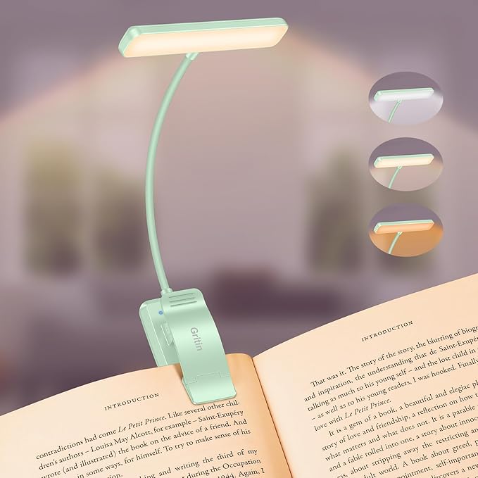 Gritin 19 LED Rechargeable Book Light for Reading in Bed with Memory Function- Eye Caring 3 Color Temperatures,Stepless Dimming Brightness,90 Hrs Runtime Clip on Light for Book Lovers-Cyan