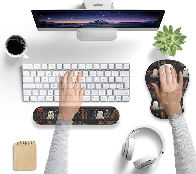 Ghost Book Mousepad with Wrist Rest Halloween Computer Keyboard Mouse Pad Black Cute, Mouse Pad with Wrist Rest for Computer Keyboard, 2 In 1 Mousepad with Wrist Support for Easy Typing & Ergonomic Comfort