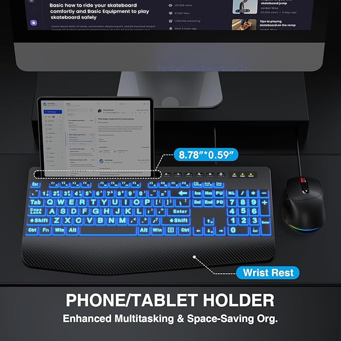 Wired Keyboard Mouse Combo - Large Print Backlit, Ergonomic Wrist Rest, 6 DPI RGB for PC/Windows - Ideal for Seniors, Students, Office and Home SABLUTE KM21Pro