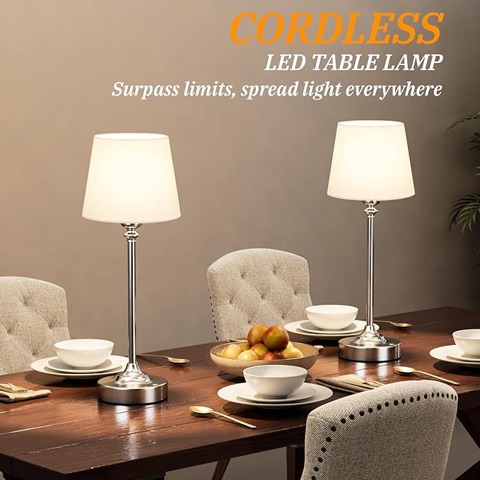 Kakanuo Cordless Table Lamps Rechargeable Set - 2 Pack Silver 4000mAH Battery Operated Lamps for Decor, 3000K Stepless Dimming Touch Wireless Lamp for Bedroom, Dining Table, Living Room, White Shade