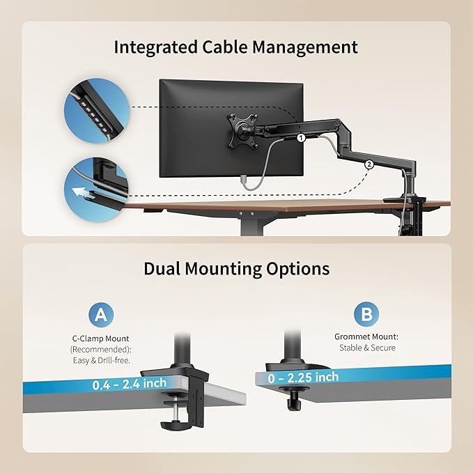 Single Monitor Arm Desk Mount, Holds Screens up to 40 Inches and 25 lbs, Fully Adjustable Vesa Monitor Mount with C-Clamp and Grommet Base, Aluminum, Black
