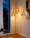 2-Light Gold Dimmable Floor Lamp for Living Room, 65IN Tall Standing Lamps with Brown Glass Lampshade, 3000K Warmwhite Mid Century Modern Floor Lamp for Bedroom/Sofa Beside/Corner Decor