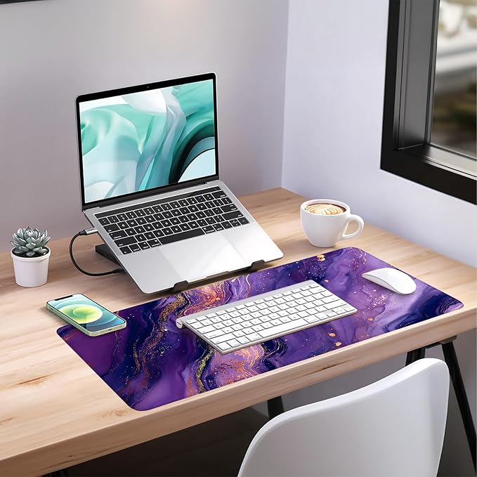 Purple Marble Extended Gaming Mouse Pad 35.4x15.7Inch Large Desk Mat Anti-Slip Rubber Base & Durable Stitched Edges for Gamers Smooth Mouse Writing Surface for Desk Office/Home