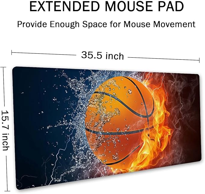 SSOIU Extended Gaming Mouse Pad (35.5x15.7 in), Basketball Ball in Fire and Water Large Non-Slip Rubber Base Mousepad with Stitched Edges, Waterproof Keyboard Mouse Mat Desk Pad for Work, Game, Office