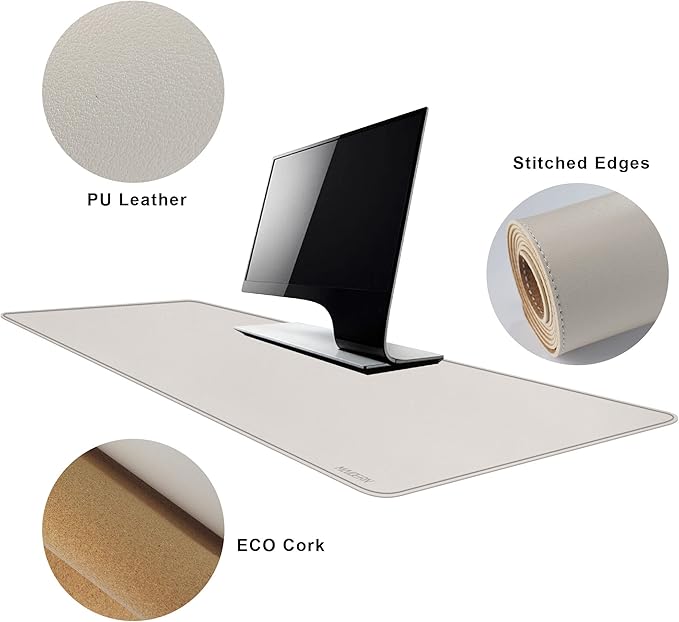 MAIDERN 47.2" x 15.7" Cork & Leather Desk Pad, Large XXL Mat, Full Mouse Pad, Dual Sided Protector for Gaming Home Office (Cream)