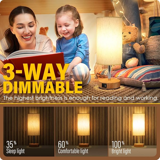 Yarra-Decor Bedside Lamp with USB A+C Port - Touch Control Table Lamp for Bedroom Wood 3 Way Dimmable Nightstand Lamp with Round Flaxen Fabric Shade for Home Office (LED Bulb Included)