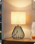 Small Bedside Table Lamp, Black Table Lamp with Metal Cage & Linen Lampshade, Modern Cute Desk Lamp, Cozy Nightstand Lamp for Bedroom, Living Room, Office, 2700K LED Bulb Included, E06TL05