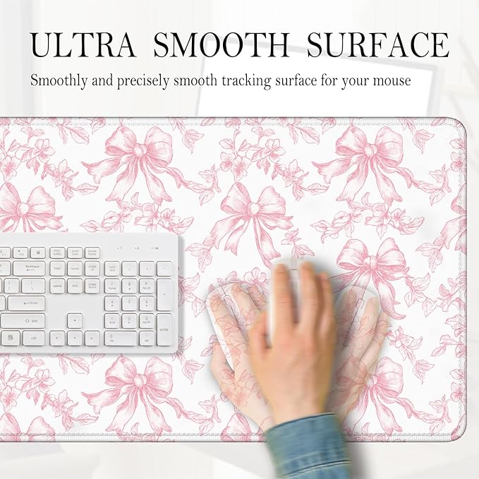 Coquette Pink Floral Large Mouse Pad 31.5x15.7inch, Trendy Girly Pink Bow Peony Flower Aesthetic Large Extended Computer Desk Mat Mousepad for Keyboard and Mouse, Preppy Desk Accessories