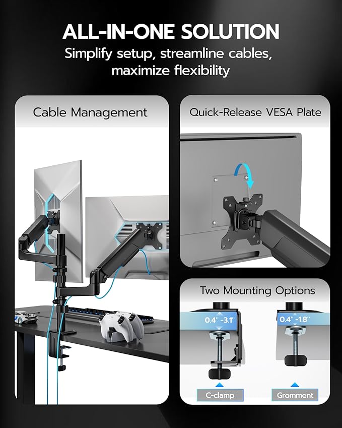 ARES WING Dual Monitor Mount - Ultrawide Monitor Arm for 40 34 32 27 Inch Heavy Duty Curved Screen Up to 26.4 lbs with Clamp/Grommet Desk Mount, 75/100 Vesa Mount, Black
