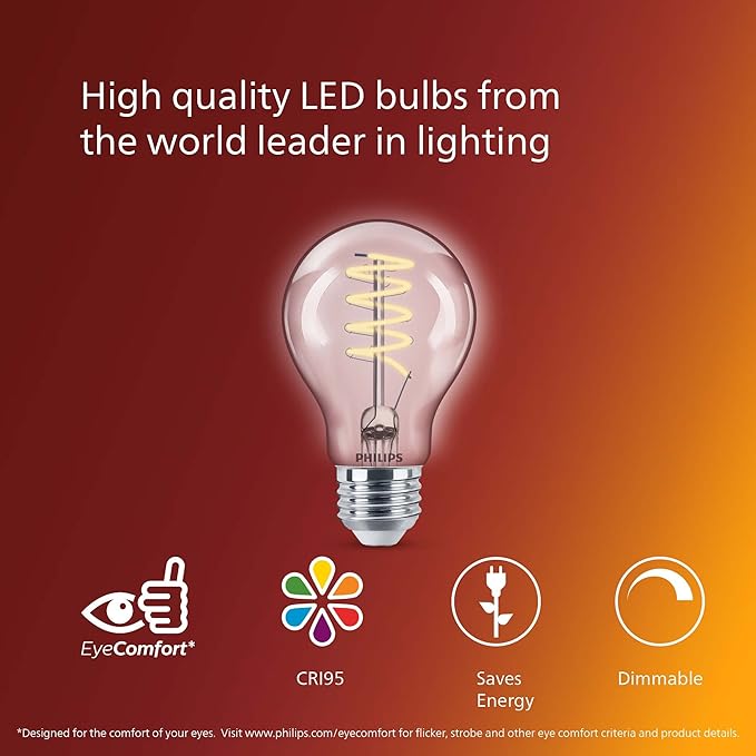 PHILIPS LED 40W A19 4-Pack Vintage Edison Soft White (2700K) 500 Lumen (5.5W = 40W) Dimmable Flicker-Free Light Bulbs