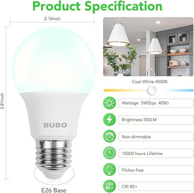 BUBO A19 LED Light Bulbs, 40 Watt Equivalent LED Bulbs, Cool White 4000K, 550 Lumens, E26 Standard Base, Non-Dimmable, 5W Cool White LED Bulbs for Bedroom Living Room Home Office, 3 Pack