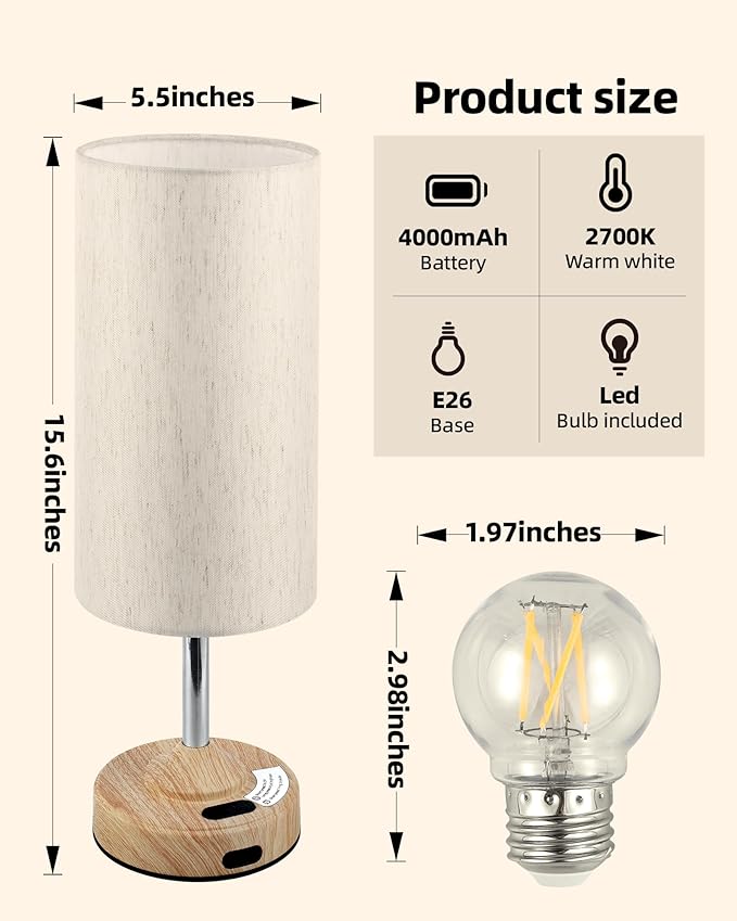 EZVALO Cordless Table Lamp, Ambient Light, Dimmable, Touch, Timer, 2700K, Bedroom, Portable, LED, Wireless, Rechargeable, Battery Operated, Desk Lamp, Fabric Shade, Wood-Grain Finish, Living Room