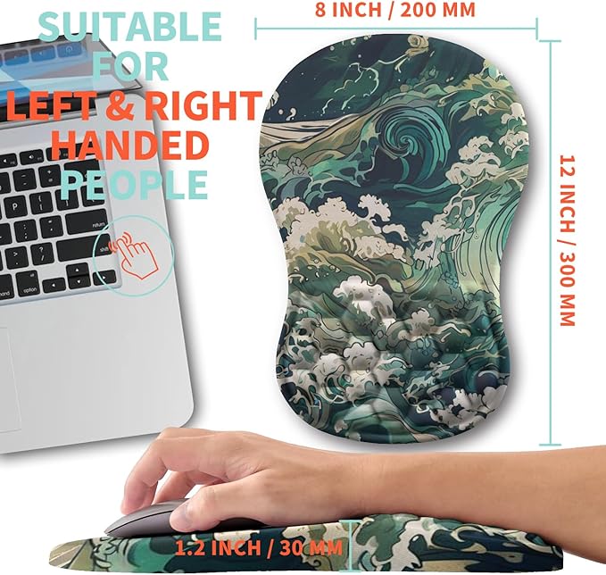 Ergonomic Mouse Pad Wrist Support with Memory Foam Massage Bulge, Carpal Tunnel Mousepad Wrist Rest for Mouse(12x8 inch, Sea Wave)