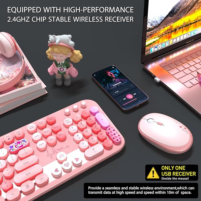 Wireless Keyboard and Mouse Combo, 104 Round Keys Full-Size Cute Colorful Pink Cordless Keyboard and Mouse with Retro Typewriter for PC/Mac/Laptop/Tablet/Computer/Windows Pink