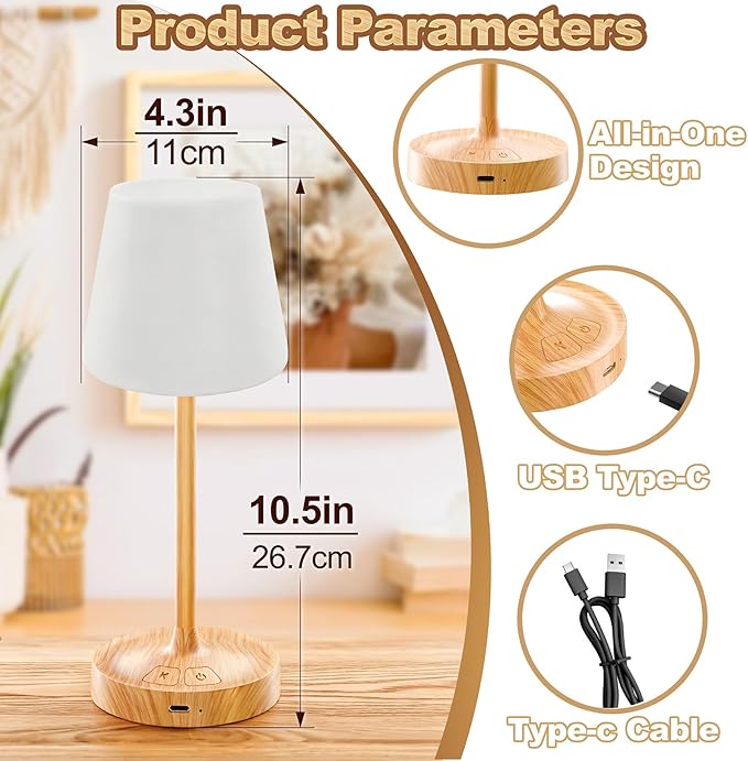 Small Shower Lamp Waterproof: Table Lamp with 4000mAH Battery - Rechargeable 3 Dimmable Cordless LED Lamp for Desk Bedroom Living Room Bathroom - Wood Grain Touch Light for Parents Kids
