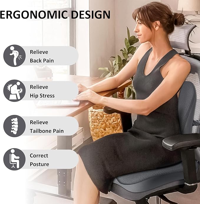 Seat Cushion, Lumbar Support Pillow for Office Chair, Memory Foam Coccyx Seat Cushion, Ergonomic Mesh Back Support Pillow, Office Desk Chair Cushion for Coccyx, Back & Tailbone Support, Grey