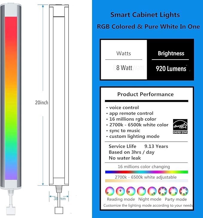 Plug In Under Cabinet Lighting, RGB LED Light Bar Works with Alexa, Google Assistant, Smart App, 20Inch, Ultra-Thin Room Lights Strip Dimmable for Kitchen Counter, Shelf, Desk, Closet, Music Sync,1pcs
