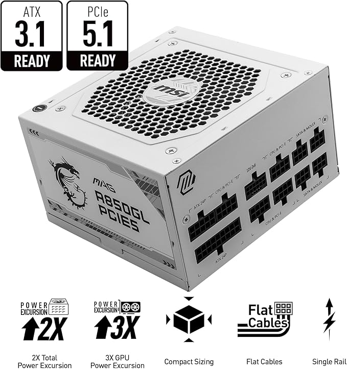 MSI MAG A850GL PCIE5 White, Fully Modular Compact Gaming 850W Power Supply, 80+ Gold, ATX 3.1 & PCIe 5.1 Ready, Native Dual-Color 12V-2x6 Cable, 10 Year Warranty