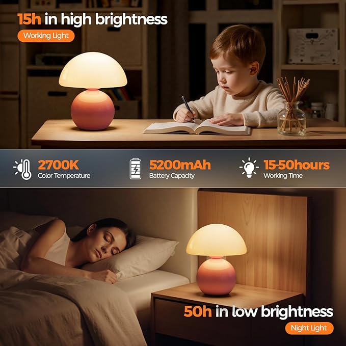 NIORSUN Mushroom Lamp Table Lamp for Bedroom, Portables Cordless Table Lamp,Wireless lamp,Small Bedside Table Touch Lamps for Living Room,Mini Mushroom 5200mAh Battery Operated Lamp Modern Pink