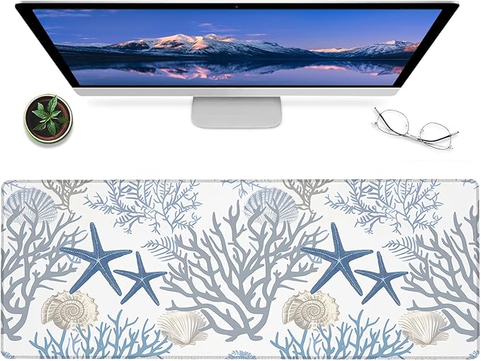 Nautical Coastal Gaming Mouse Pad,12x31.5in Non-Slip Rubber Beach Desk Mat,Large Extended Mousepad for Office Home Laptop,Mice Pads Gifts,Game Lover Deskmat Decor (Coral Starfish Seashell)