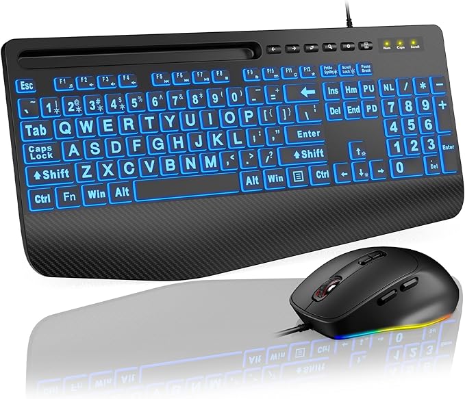 Wired Keyboard Mouse Combo - Large Print Backlit, Ergonomic Wrist Rest, 6 DPI RGB for PC/Windows - Ideal for Seniors, Students, Office and Home SABLUTE KM21Pro