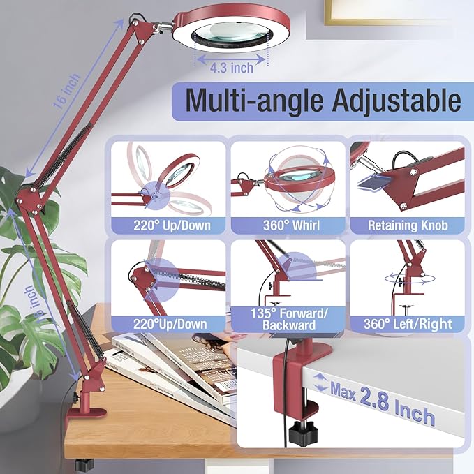 10X Magnifying Glass with Light and Clamp, Real Glass Stand Lighted Magnifier, 5 Color Modes Stepless Dimmable LED Desk Lamp Hands Free for Crafts Hobby Reading Painting Sewing Close Work - Large RED